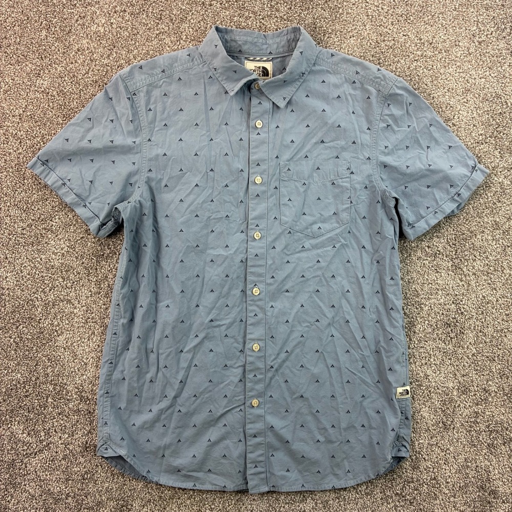The North Face Shirt Men's Medium Blue‎ Short Sleeve Button Up Triangle Tent